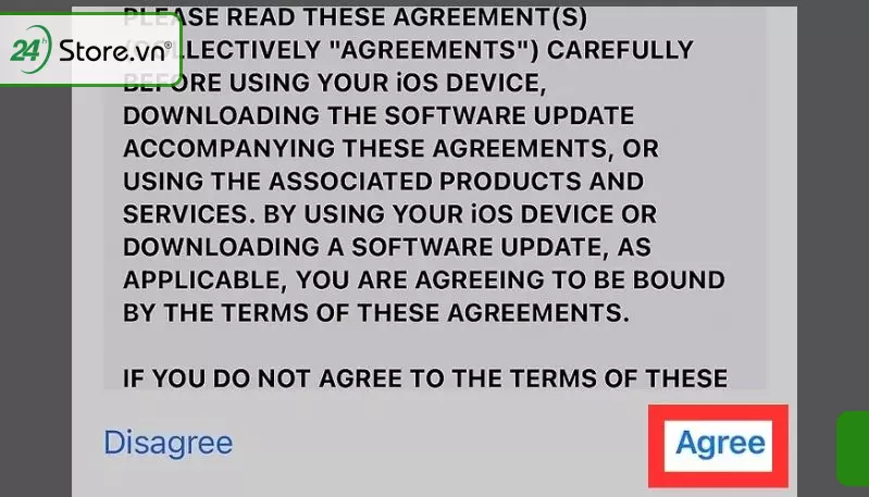 Chạm vào “Agree” để đồng ý với Điều khoản và Điều kiện của Apple