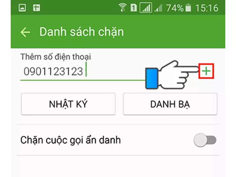 Ấn vào dấu + để chặn số trong danh bạ.  <a href='http://locmobile.vn/huong-dan-chan-cuoc-goi-den-tu-so-la-tren-dien-thoai-android-a408.html' title='cách chặn số điện thoại lạ' class='hover-show-link replace-link-438'>cách chặn số điện thoại lạ<span class='hover-show-content'></span></a>  trên Samsung