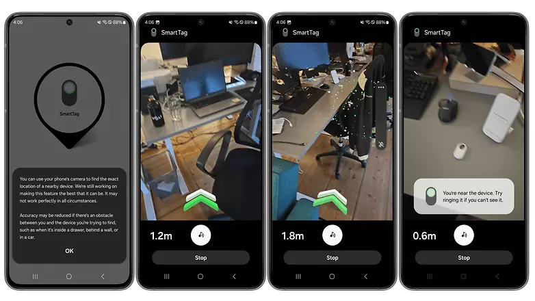 Screenshots zeigen die AR-Funktion beim Lokalisieren des Tags