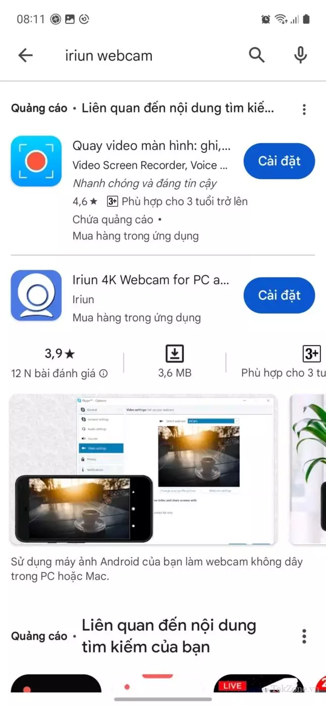 cài đặt ứng dụng Iriun Webcam trên điện thoại Android
