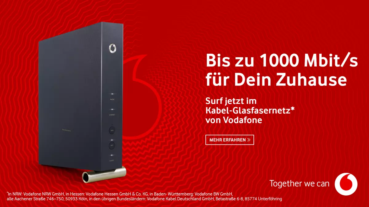 Kabel-Router von Vodafone vor rotem Hintergrund, dazu der Schriftzug Bis zu 1000 Mbit pro Sekunde für Dein Zuhause