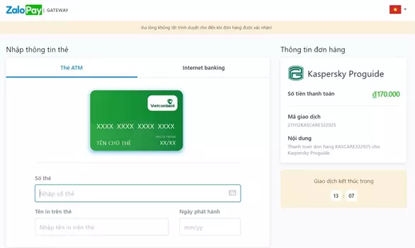 Hướng dẫn thanh toán mua key Kaspersky online qua thẻ ATM có Internet Banking