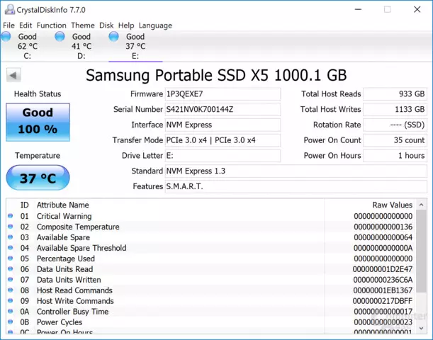Samsung Portable SSD X5 - CrystalDiskInfo