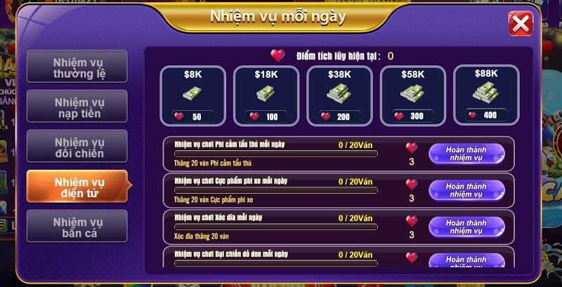 Hoàn thành nhiệm vụ mỗi ngày 68 Game Bài tích lũy điểm nhận thưởng